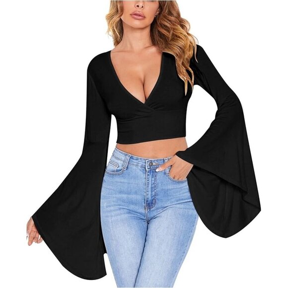 Floerns V Neck Long Bell Sleeve Wrap Blouse Top Tee Shirts - Size L, NWOT - Picture 1 of 6